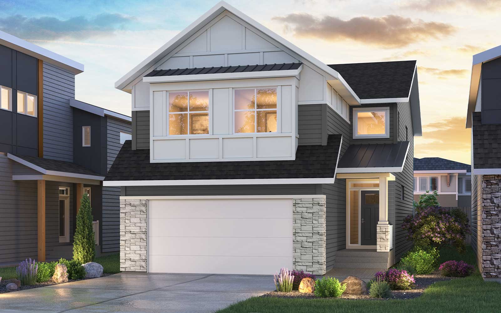 Exterior rendering of the Modern Craftsman style of the Savona 28 model by Brookfield Residential