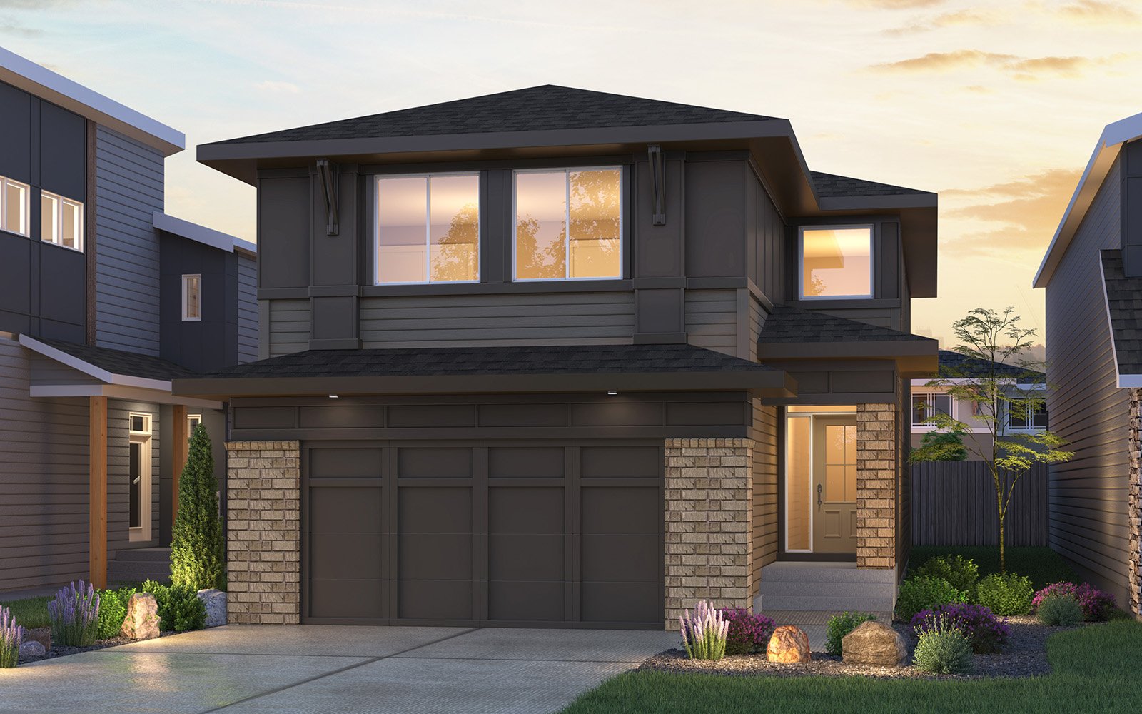 Exterior rendering of the Prairie elevation of the Savona 28 model by Brookfield Residential.