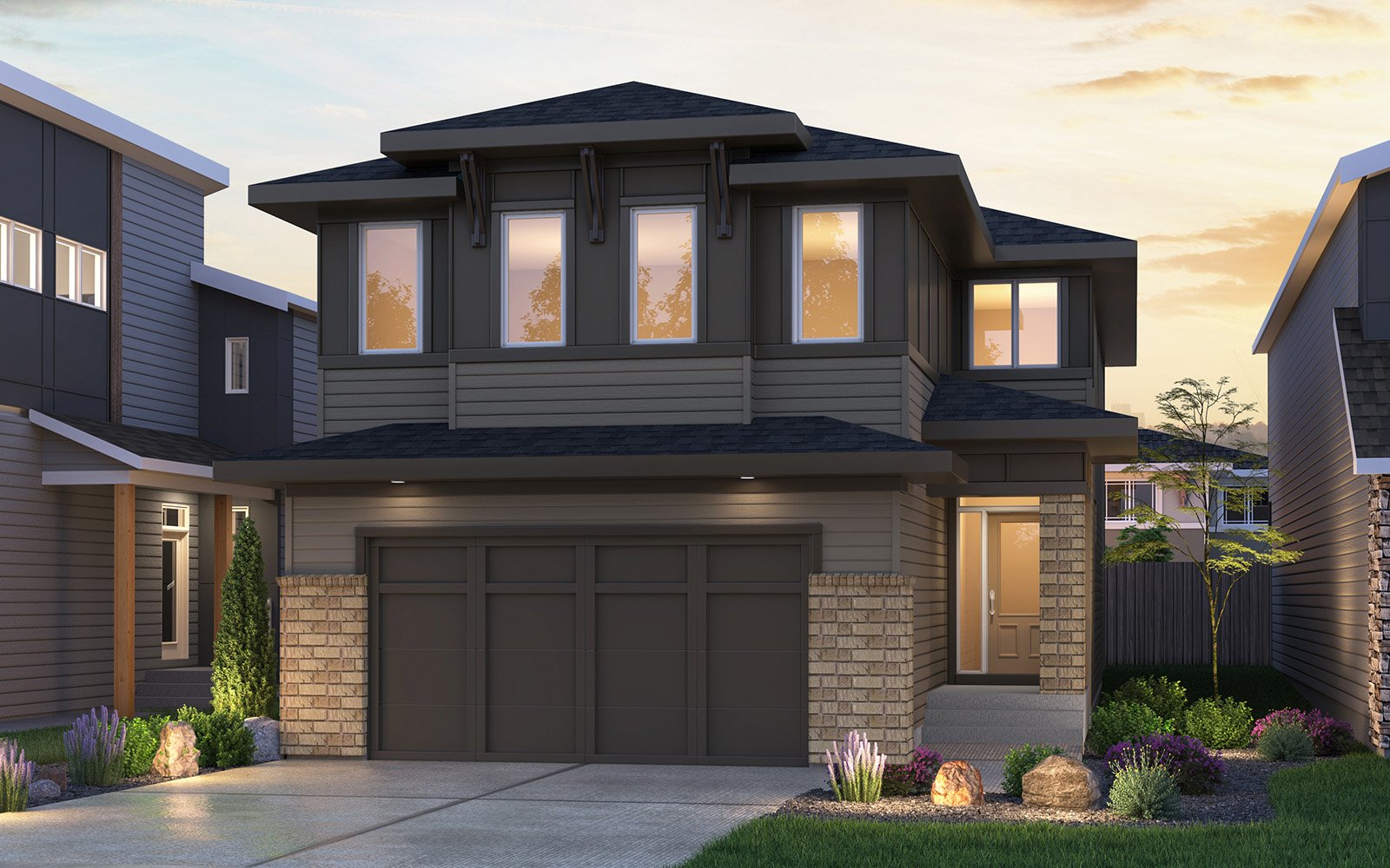 Exterior rendering of the Prairie elevation of the Savona 28 model by Brookfield Residential.