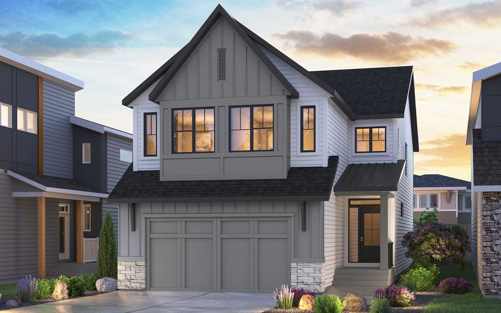 Exterior rendering of the Farmhouse style of the Savona 28 model by Brookfield Residential