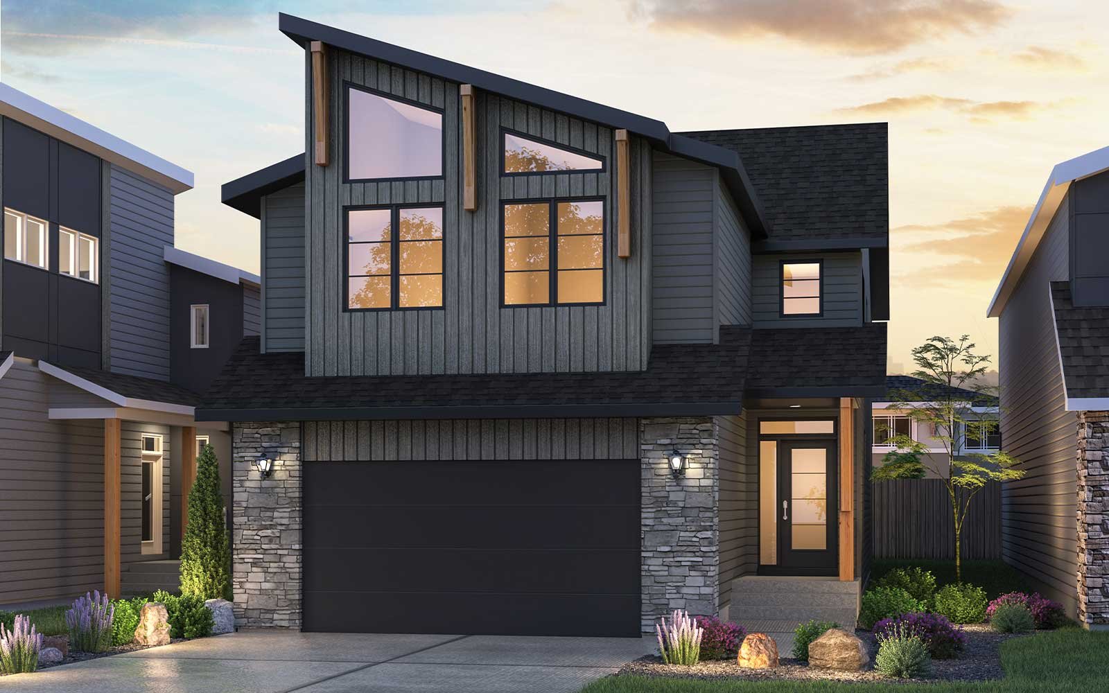 Exterior rendering of the Rustic Contemporary style of the Savona 28 model by Brookfield Residential