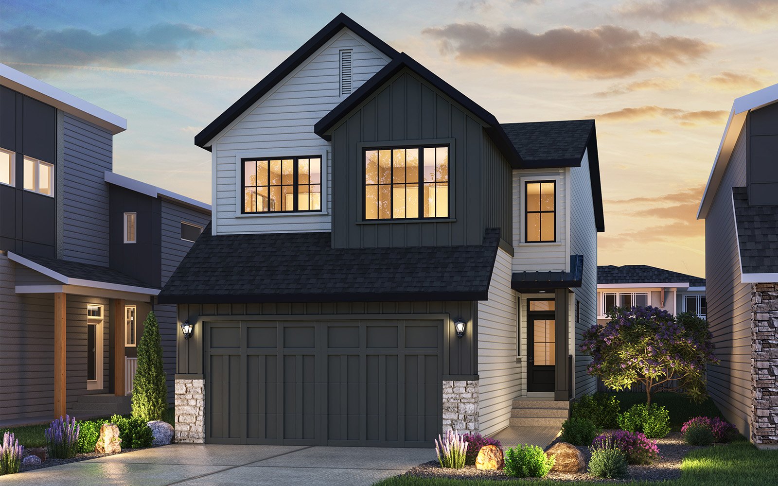 A rendering of the Farmhouse elevation for the Waterton 24 model by Brookfield Residential.