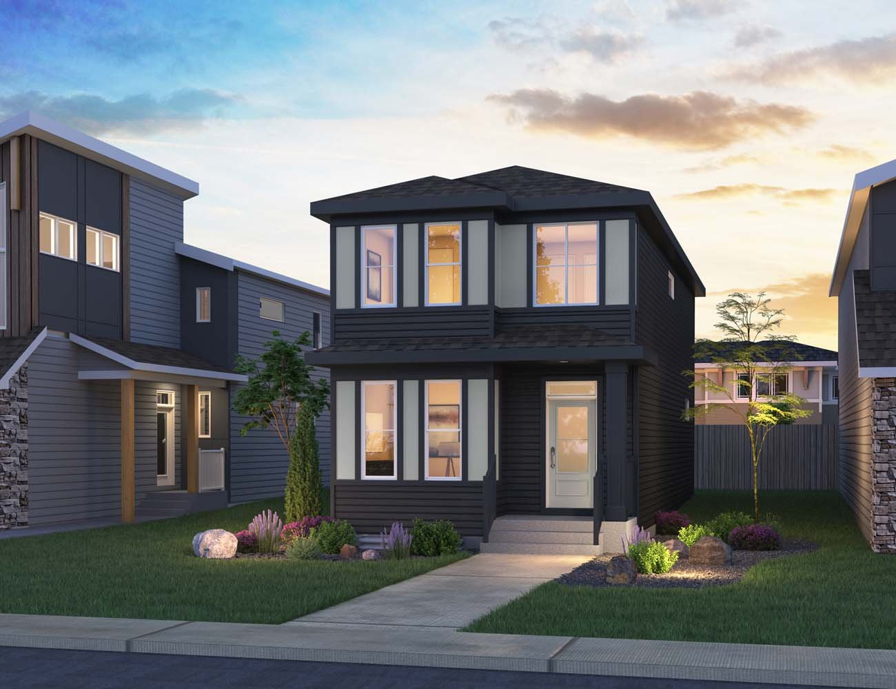 An exterior rendering of the Prairie style on the Camden laned home by Brookfield Residential.