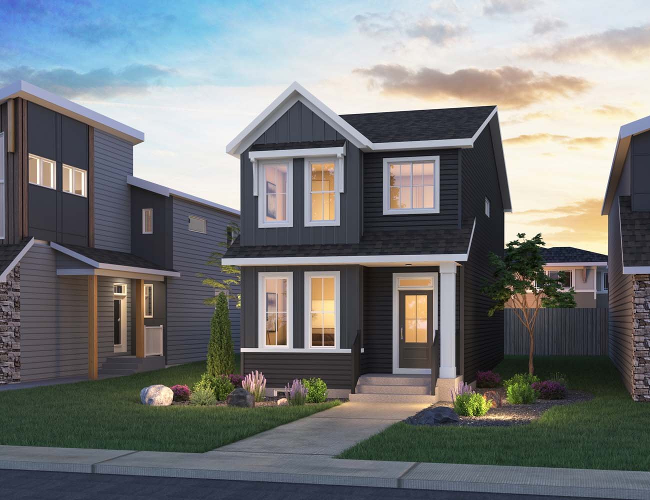 An exterior rendering of the Farmhouse style on the Camden laned home by Brookfield Residential.