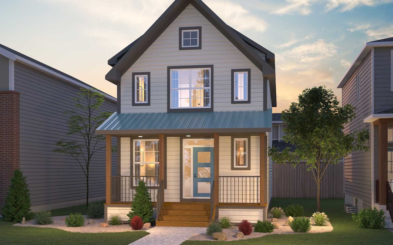 An exterior rendering of the Farmhouse style of the Carlisle 2 model by Brookfield Residential