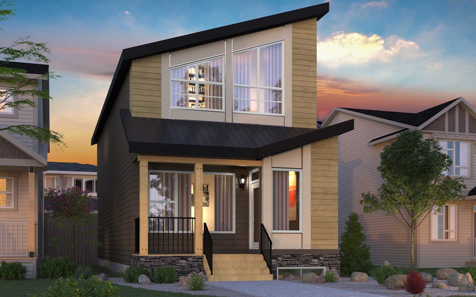 Exterior view of the Oxford Rustic Contemporary model by Brookfield Residential in Calgary.