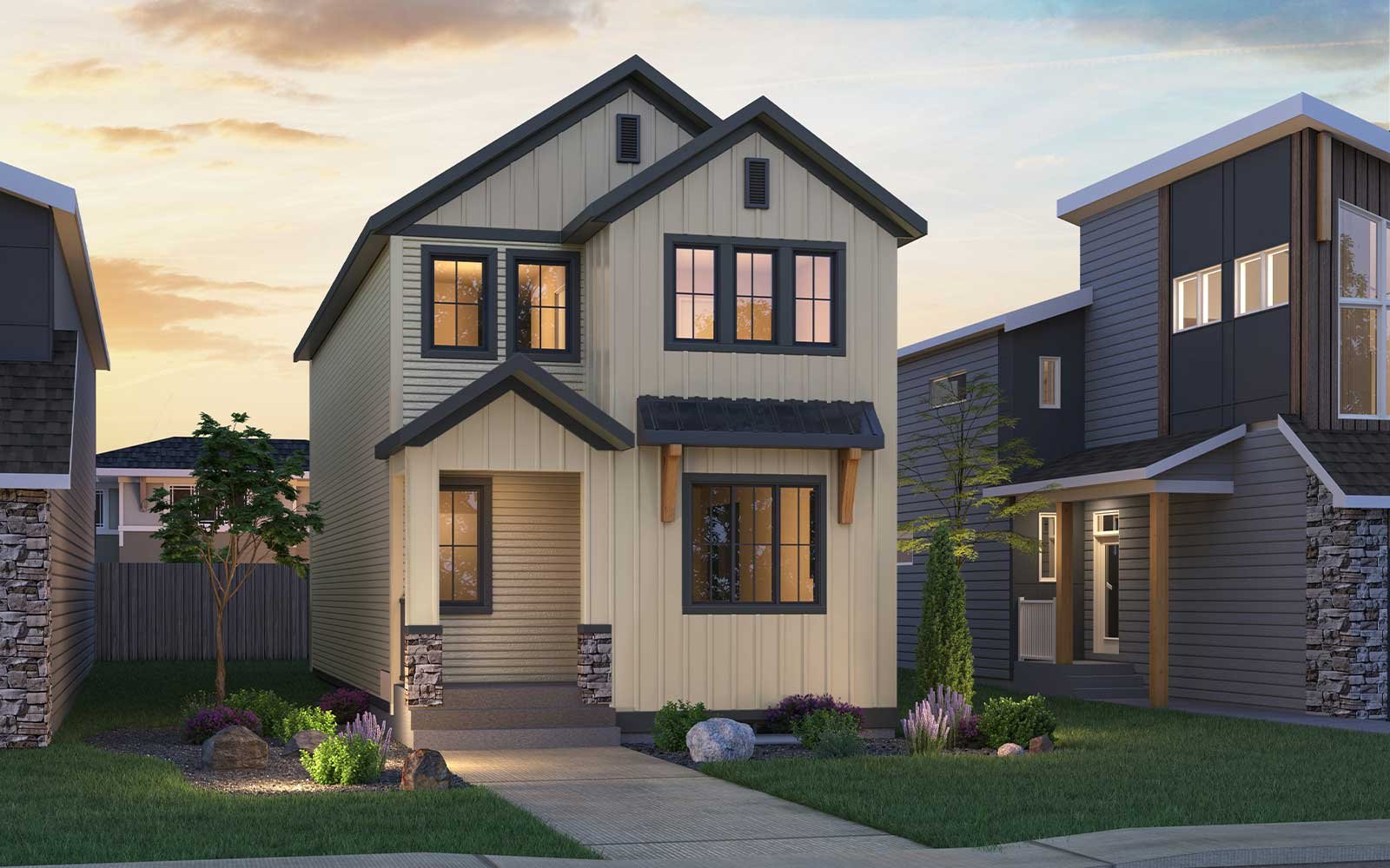 An exterior rendering of the Farmhouse style Portland model by Brookfield Residential