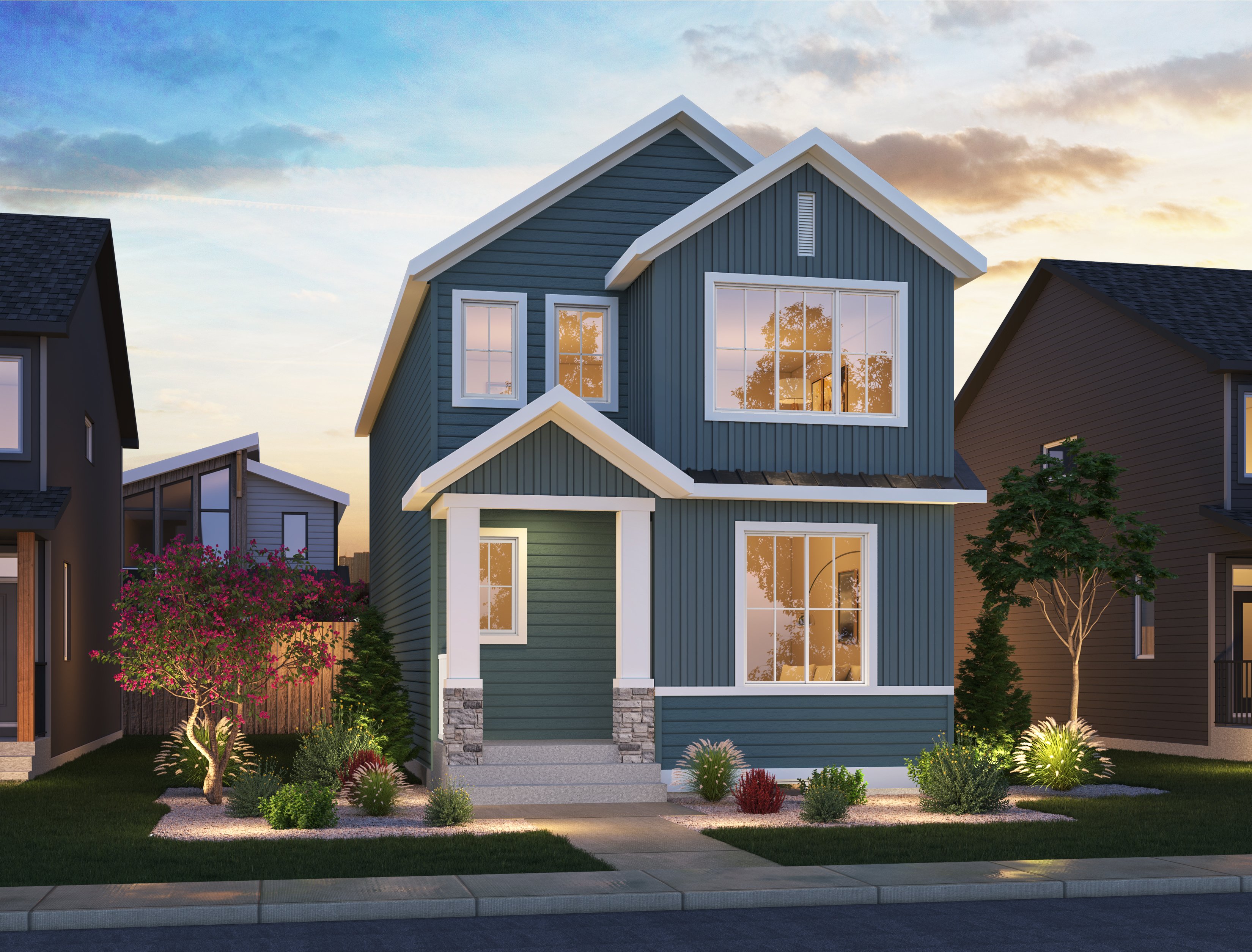 An exterior rendering of the Farmhouse style Portland model by Brookfield Residential