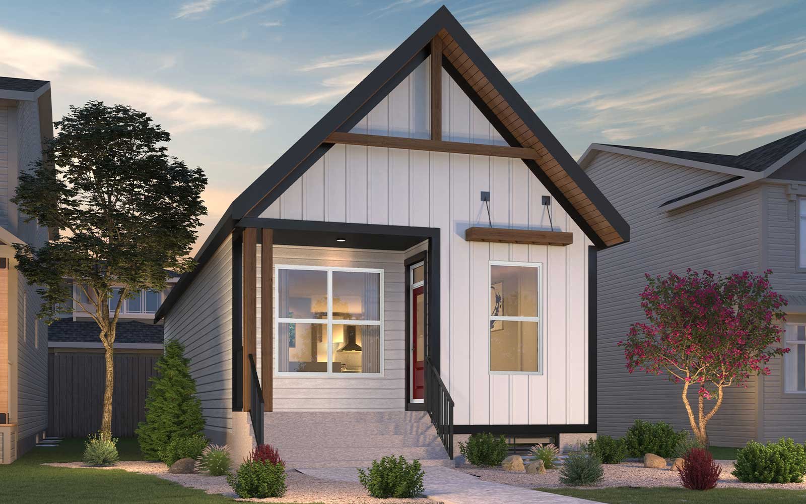 An exterior rendering of the Farmhouse style of the Portland model by Brookfield Residential