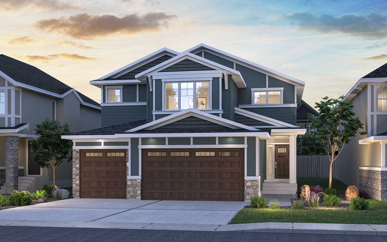 A rendering of the Arts and Crafts exterior of the Lucca estate model in Calgary by Brookfield Residential