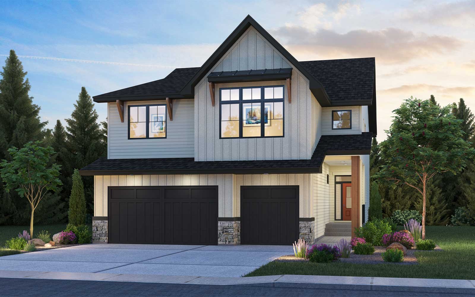 A rendering of the Farmhouse exterior of the Palermo estate model in Calgary by Brookfield Residential