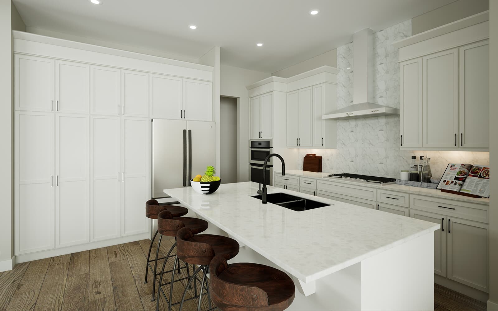 A kitchen with an island in the Positano plan by Brookfield Residential in Calgary.