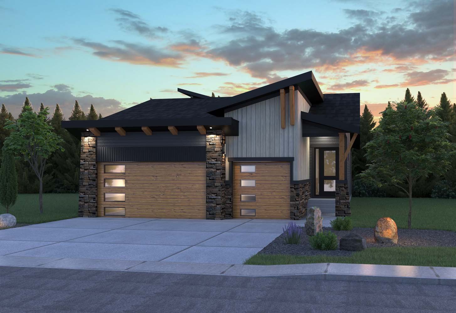 Exterior view of the Rustic Contemporary Elevation for the Sereno 2 model by Brookfield Residential in Calgary.