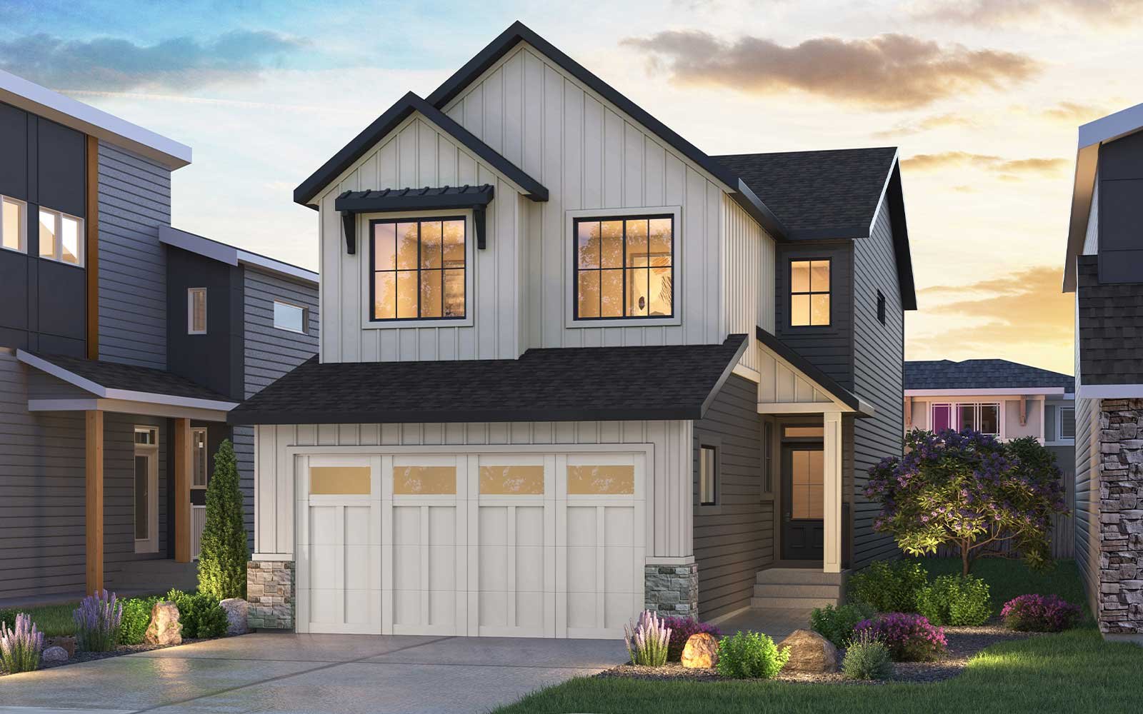 Exterior rendering of the Contemporary style of the Amery 24 model by Brookfield Residential