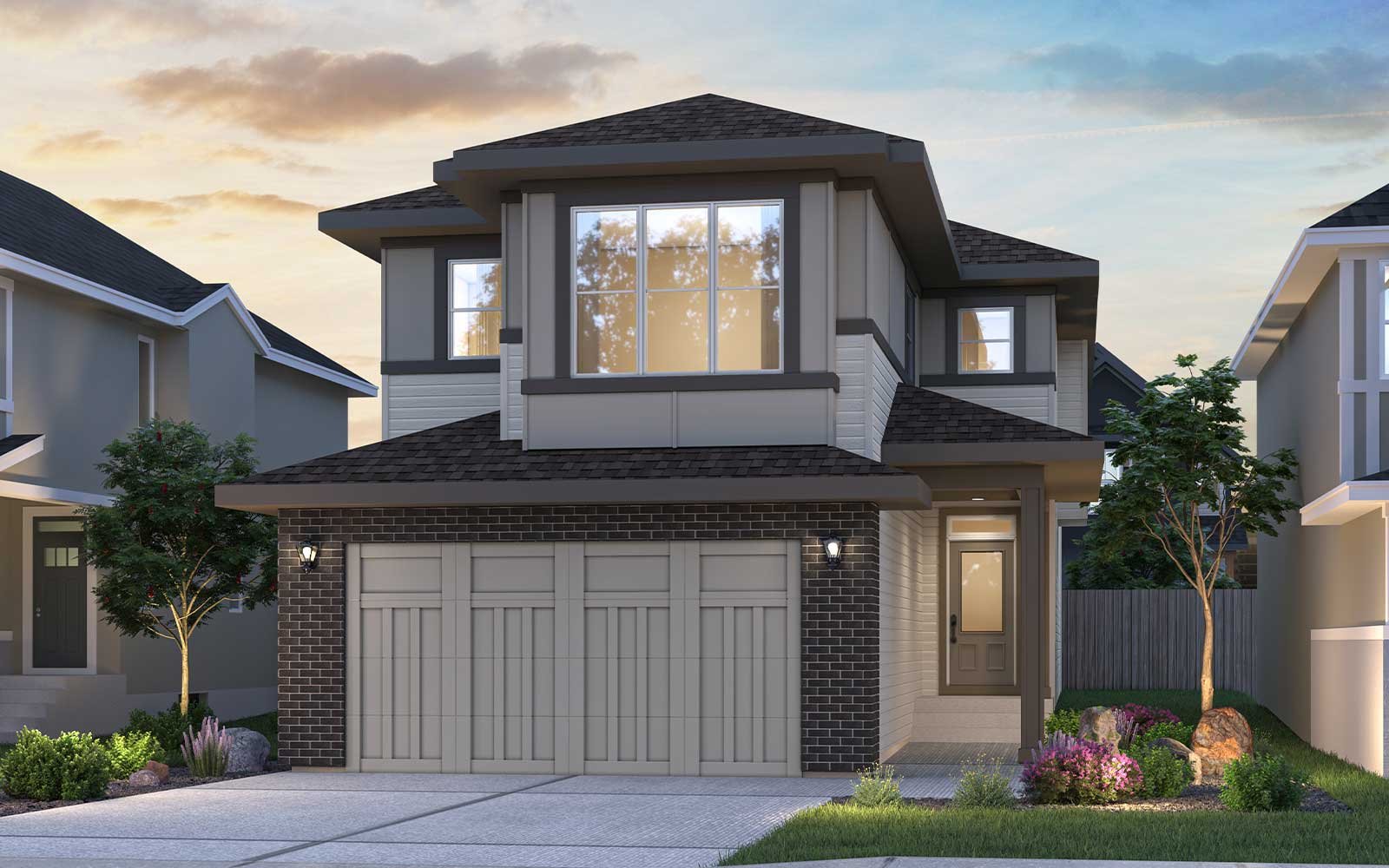 An exterior rendering of the Prairie style Dawson 26 by Brookfield Residential