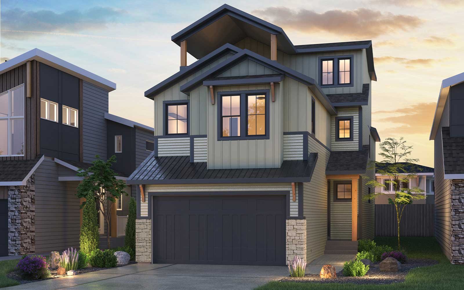 An exterior rendering of the Farmhouse style of the Purcell 24 - 3 Storey model by Brookfield Residential