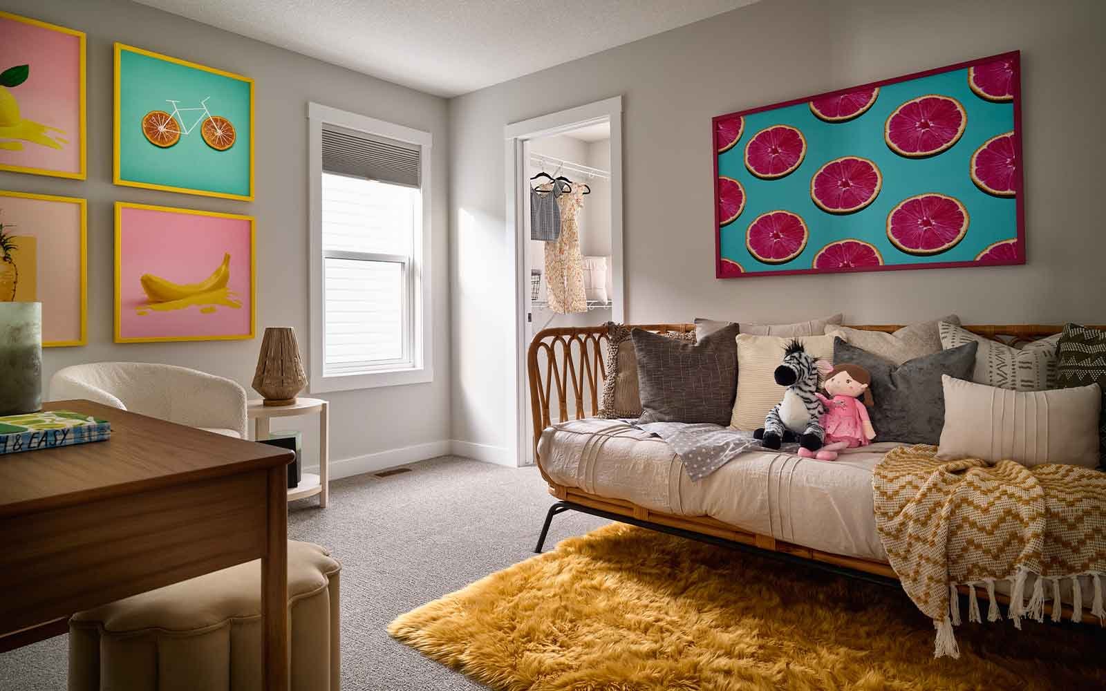 A photo of the secondary bedroom of the Dawson 26 show home in Calgary by Brookfield Residential