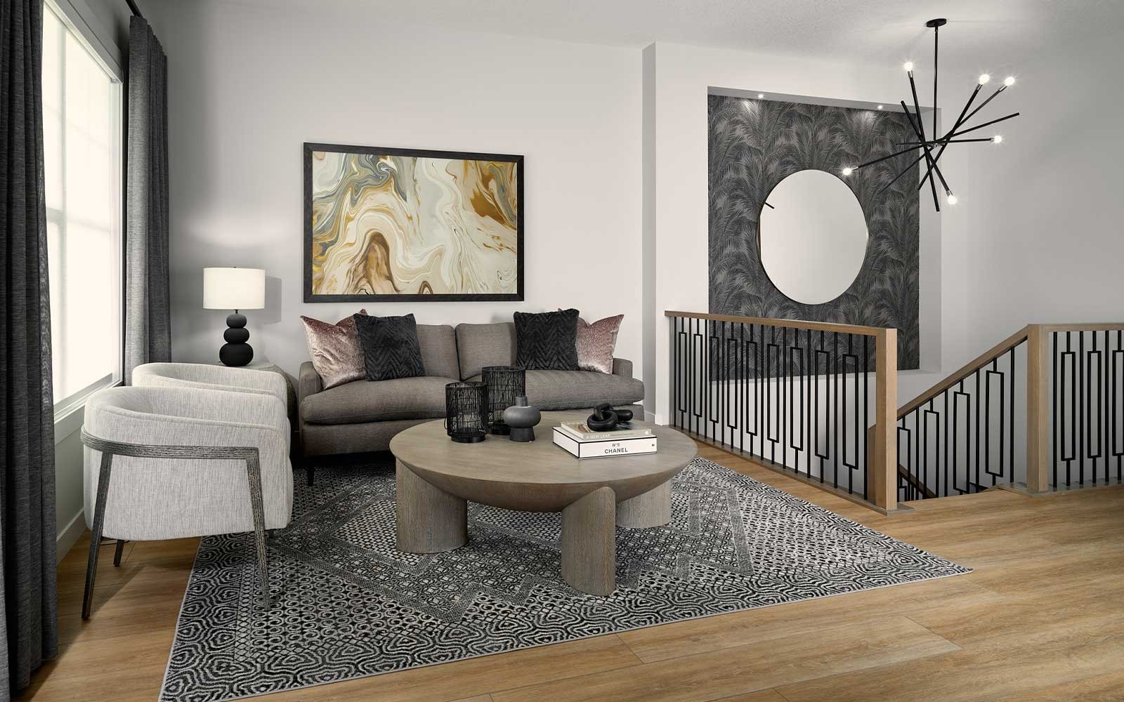 A photo of the great room of the York model show home in Calgary by Brookfield Residential