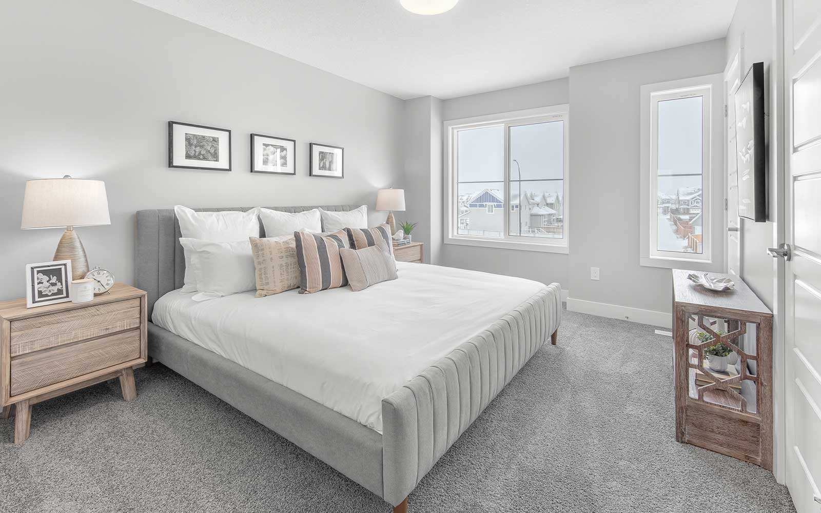 A photo of the primary bedroom in the Gillespie 2 show home at The Everly in Edmonton by Brookfield Residential