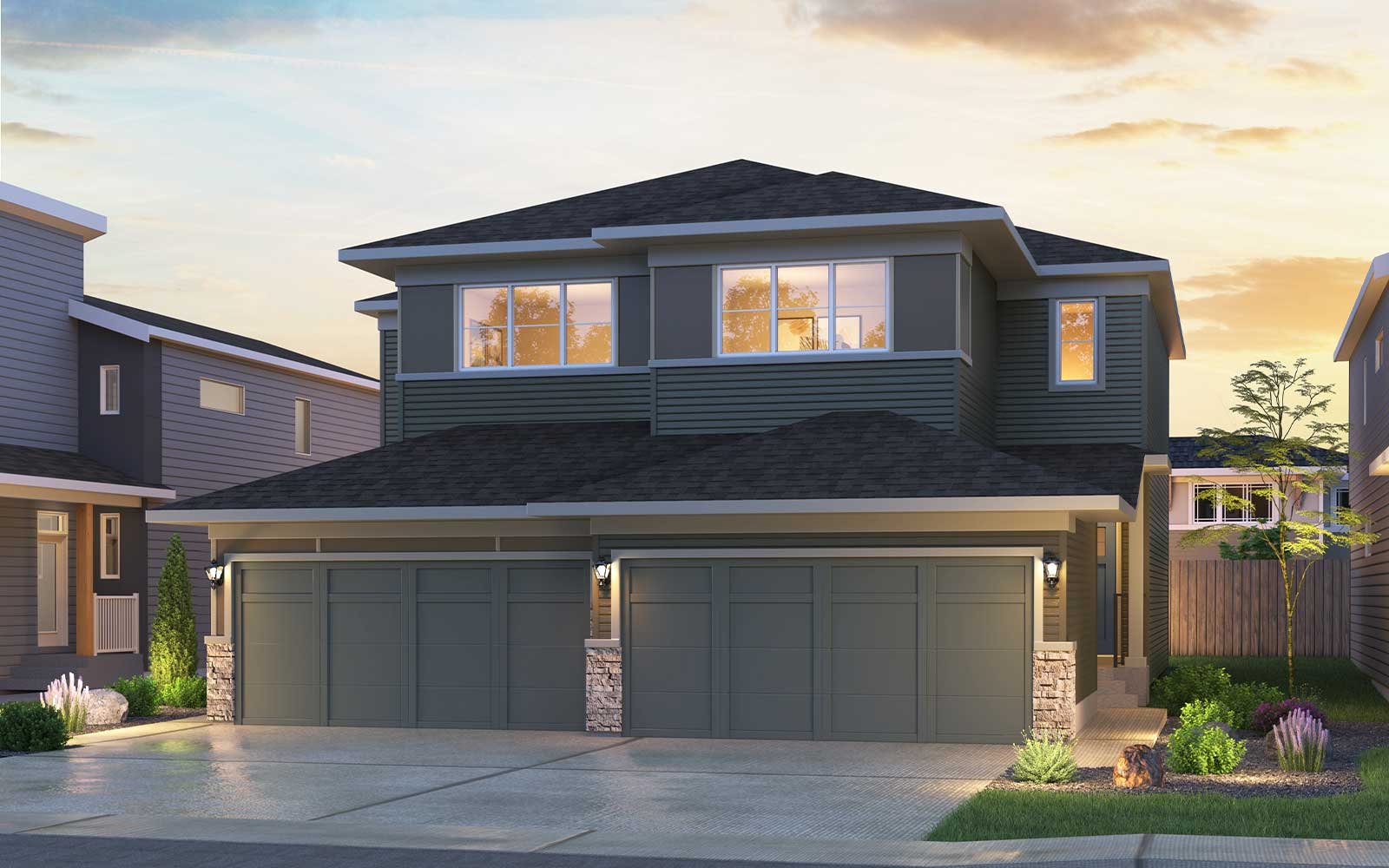 An exterior rendering of the Prairie style of the Birch model by Brookfield Residential