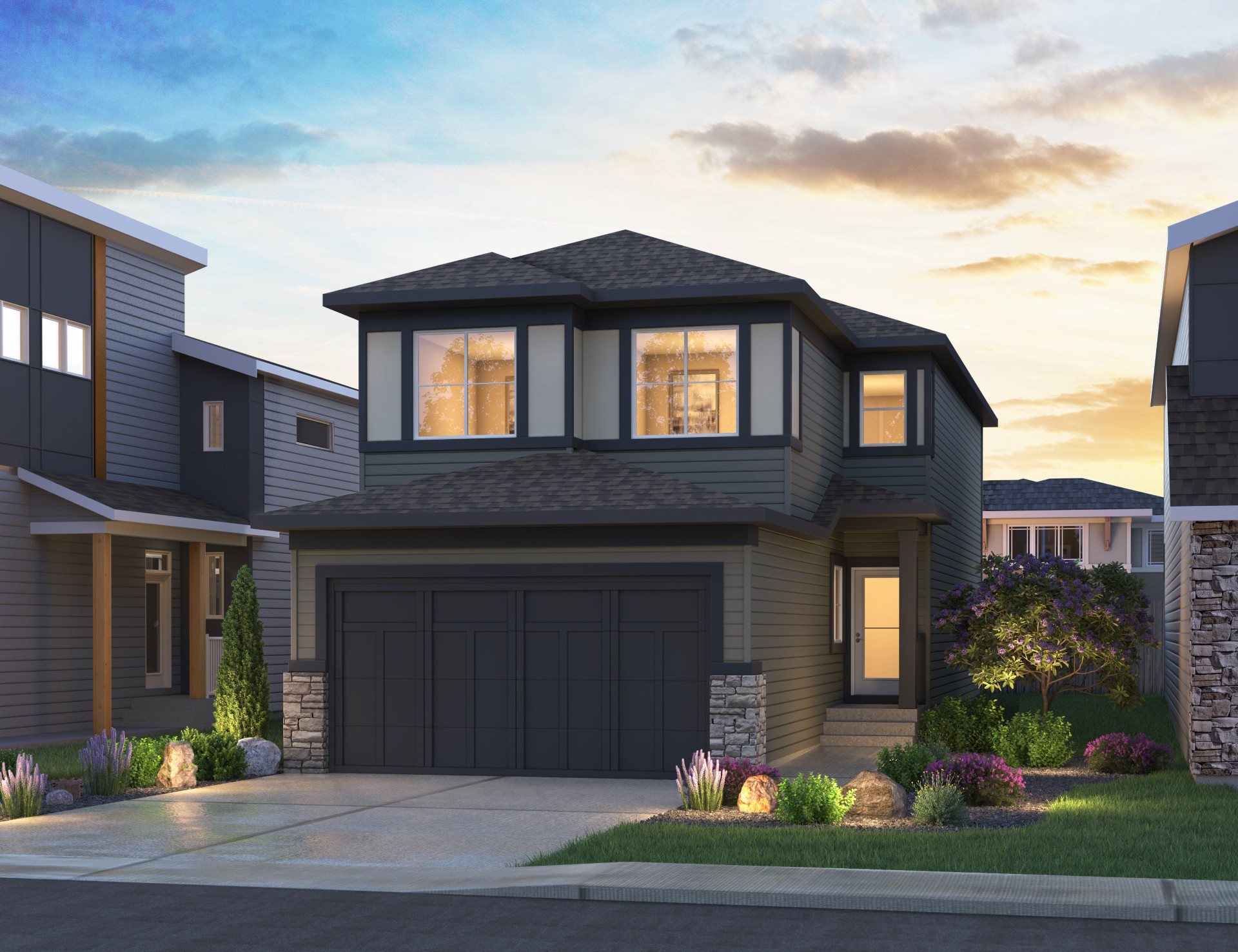 Exterior rendering of the Prairie style of the Amery 24 model by Brookfield Residential.