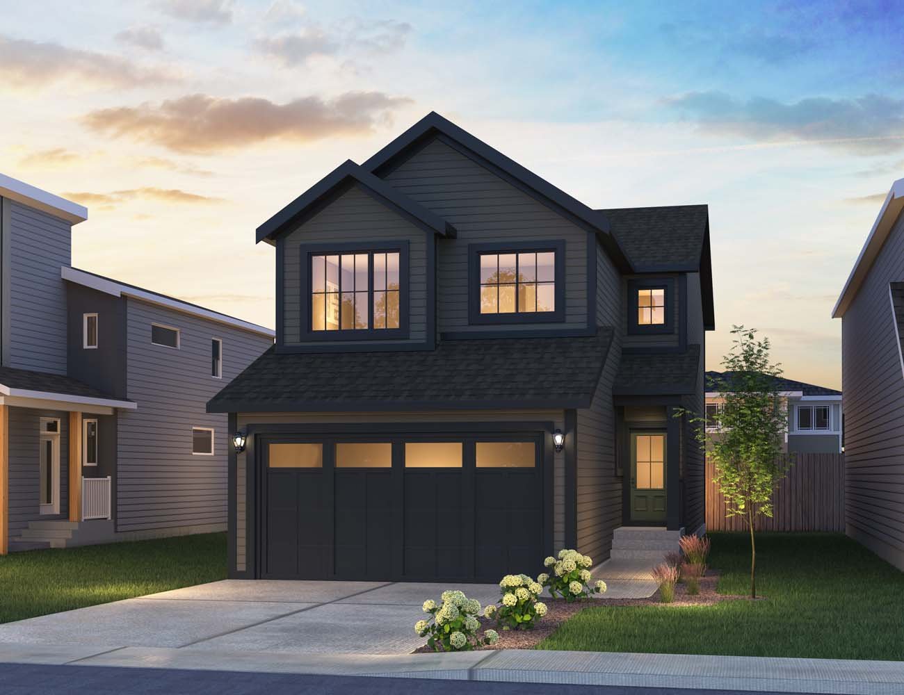 A rendering of the Nordic Folk exterior style of the Amery 24 home by Brookfield Residential.