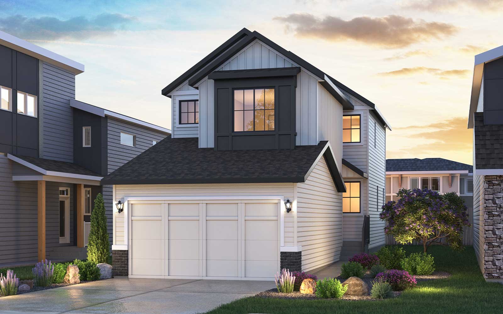 Exterior rendering of the Farmhouse style of the Cascade 22 model by Brookfield Residential