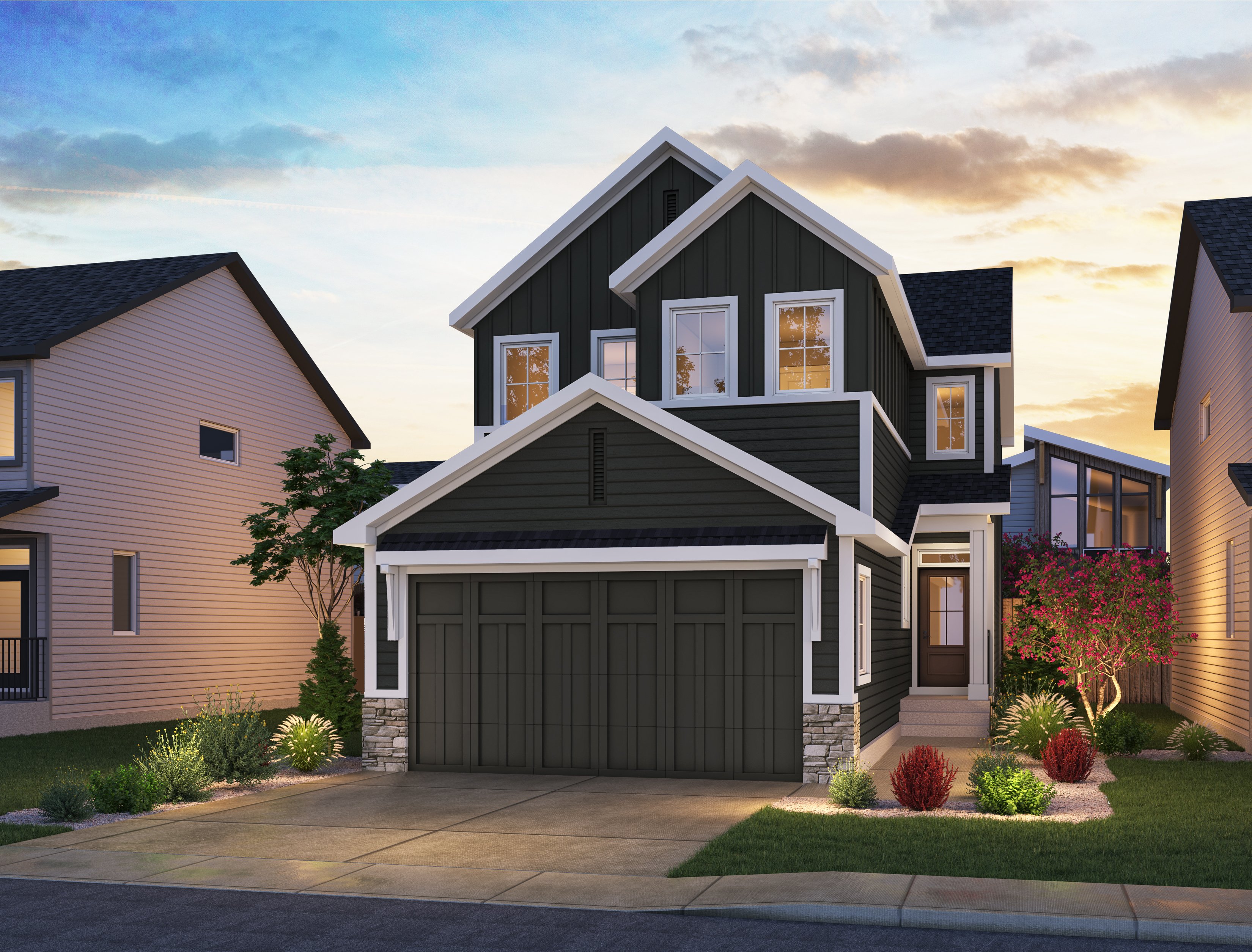 Exterior rendering of the Farmhouse style of the Crimson 24 model by Brookfield Residential.