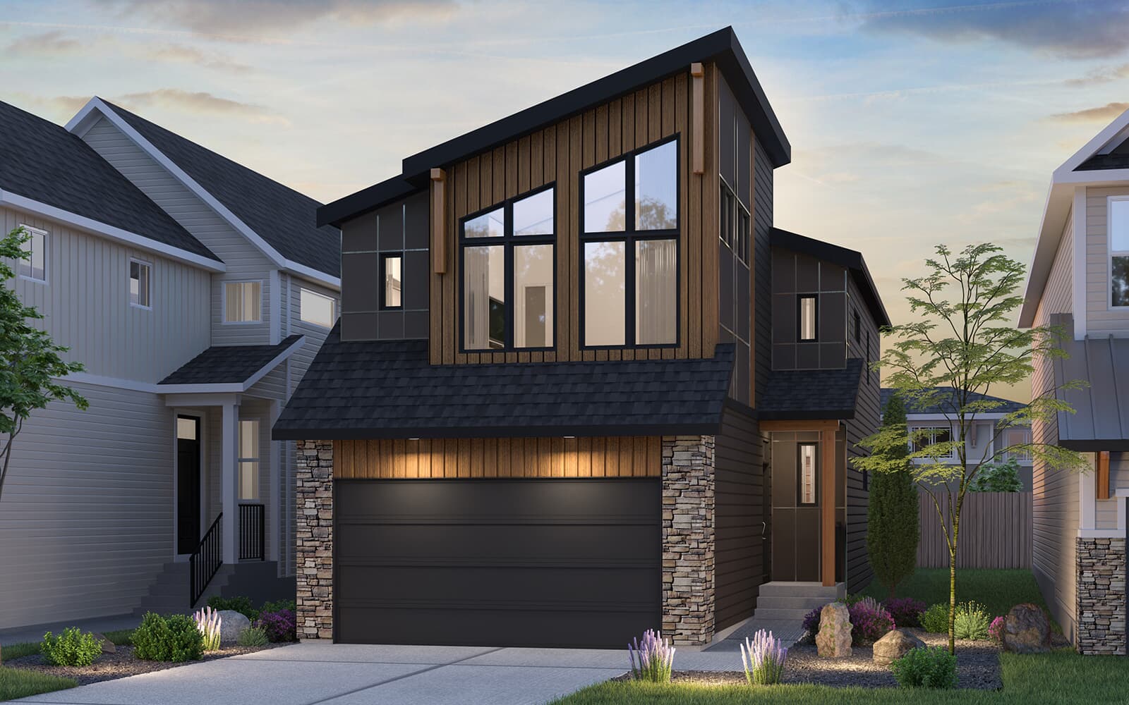Rustic Contemporary exterior rendering of the Purcell 24 in Edmonton by Brookfield Residential.