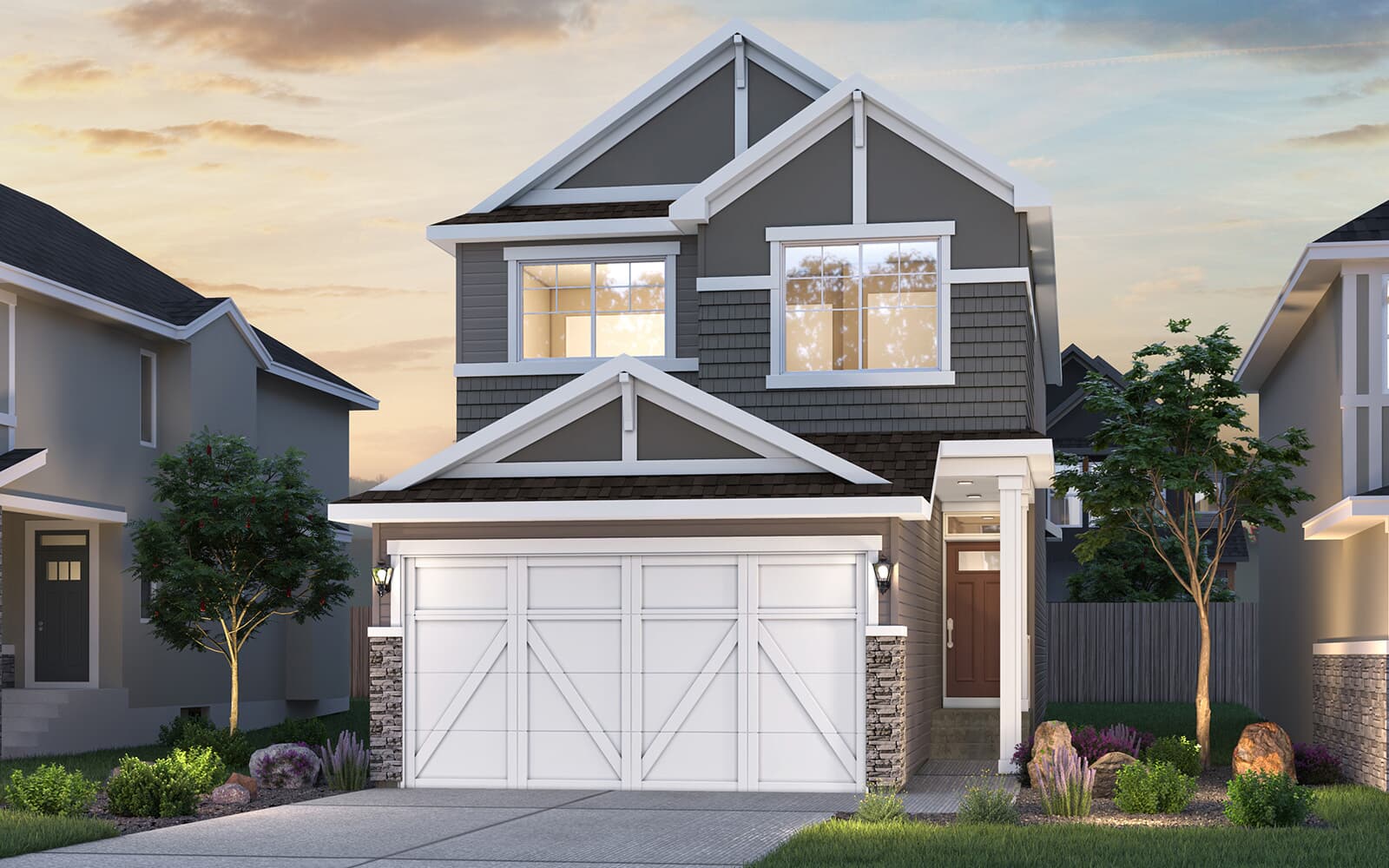 An exterior rendering of the Arts and Crafts elevation for the Rundle 22 plan by Brookfield Residential.