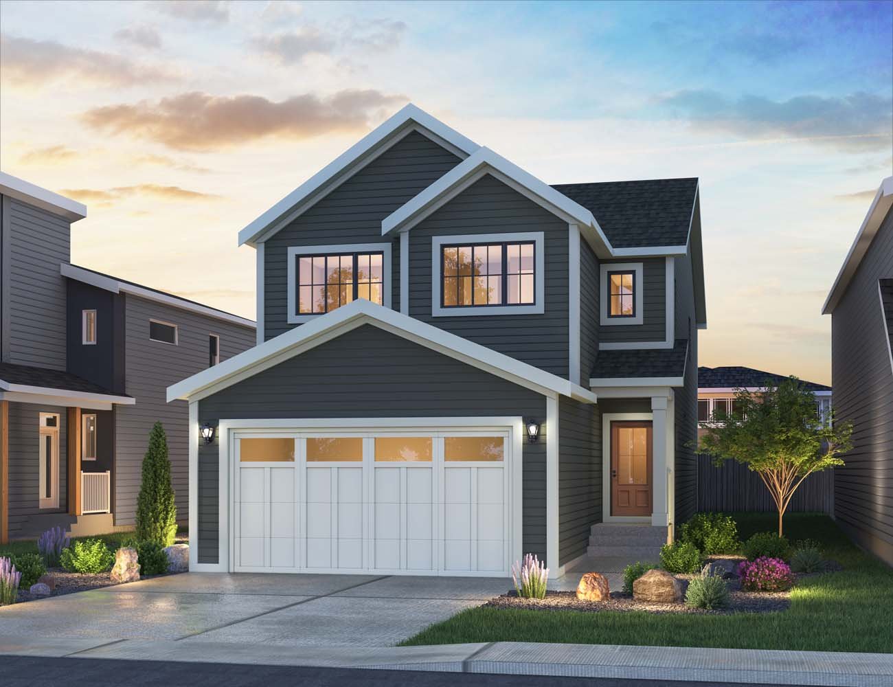 A rendering of the Nordic Folk exterior style of the Waterton 26 home by Brookfield Residential.