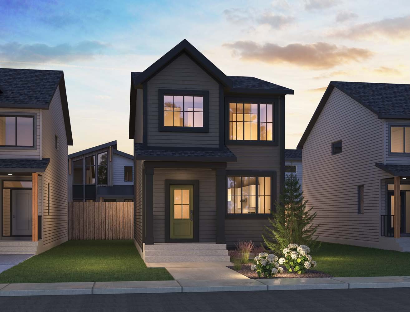 An exterior rendering of the Nordic Folk style of the Kendal home by Brookfield Residential. 