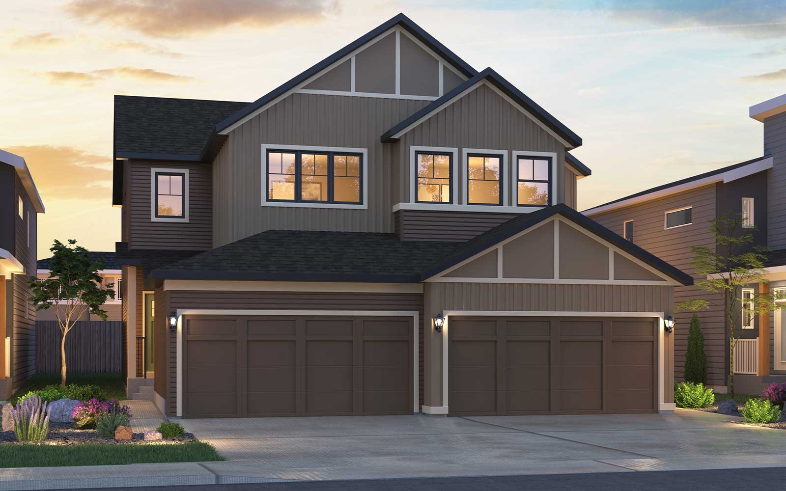 An exterior rendering of the Farmhouse style of the Birch model by Brookfield Residential