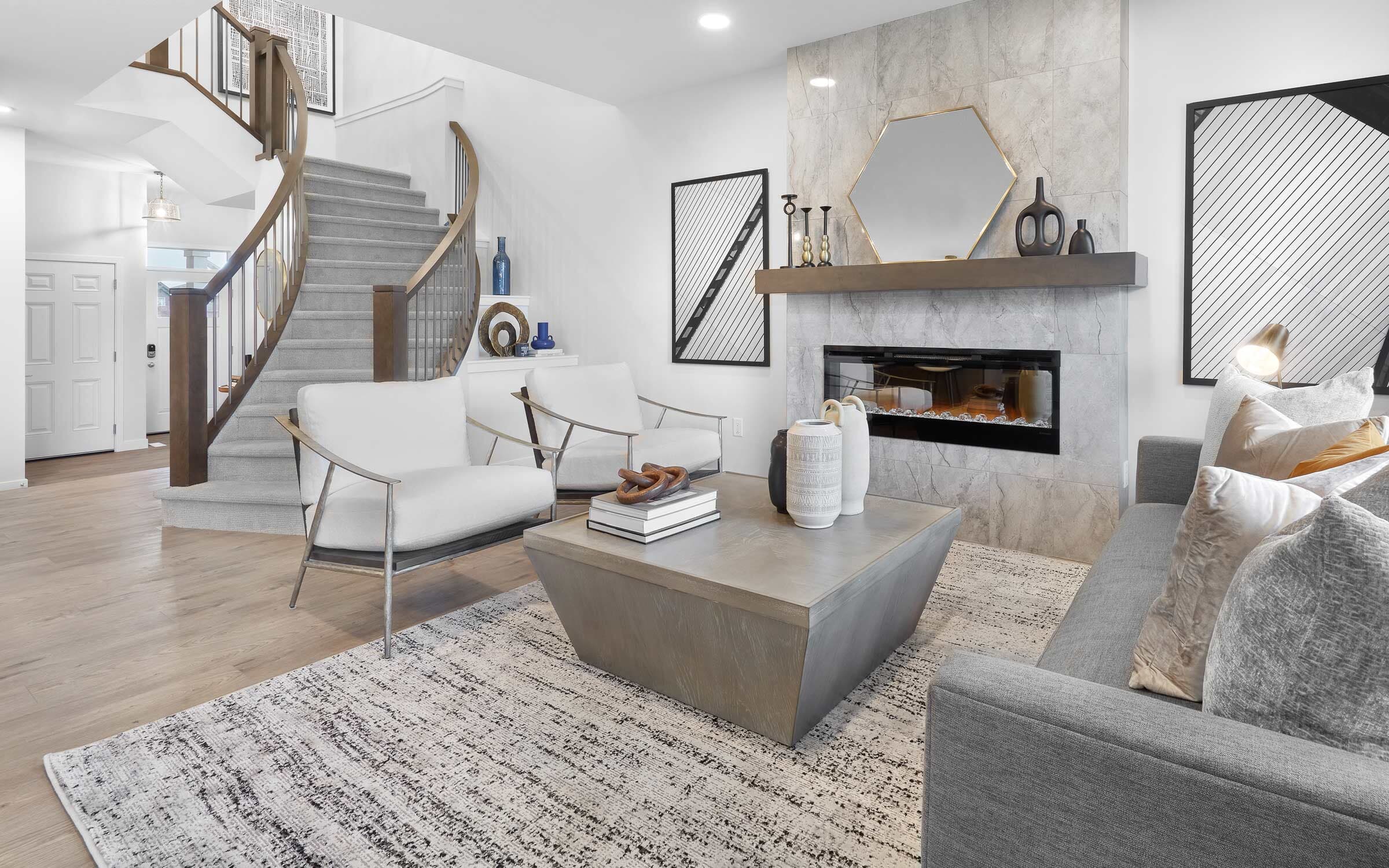 A living room in The Robson in The Orchards by Brookfield Residential in Edmonton Alberta.