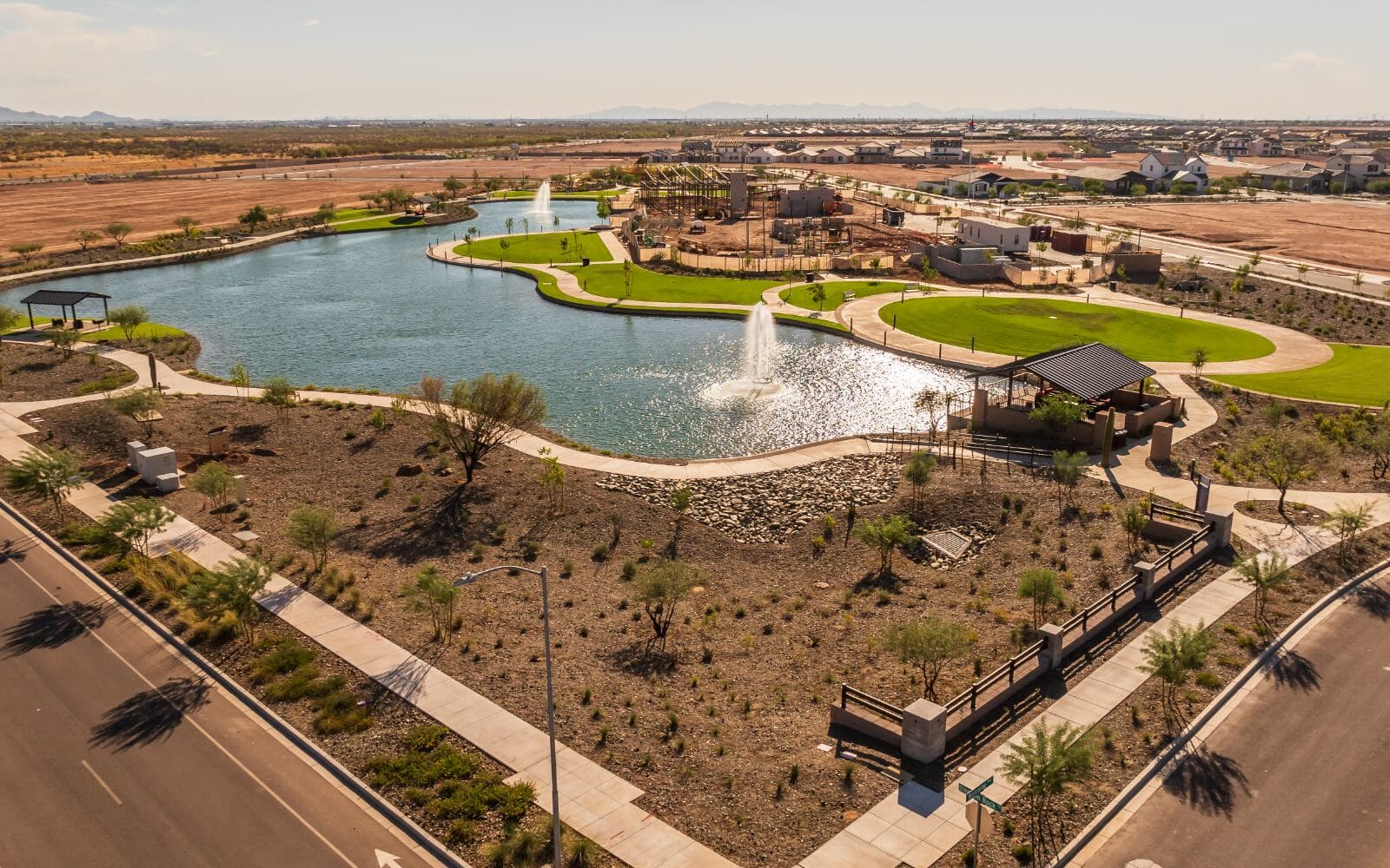 Aerial image of Painted Sky Park with a lake in Blossom Rock