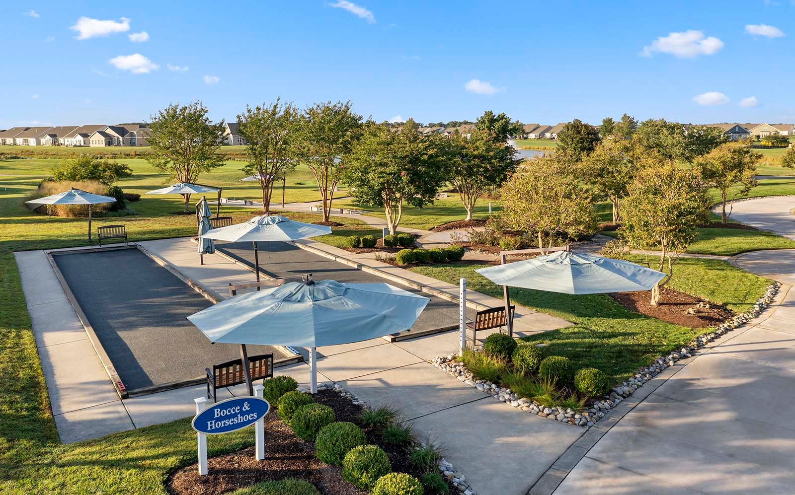 The bocce ball courts at Heritage Shores, an active adult community by Brookfield Residential in Bridgeville, DE.