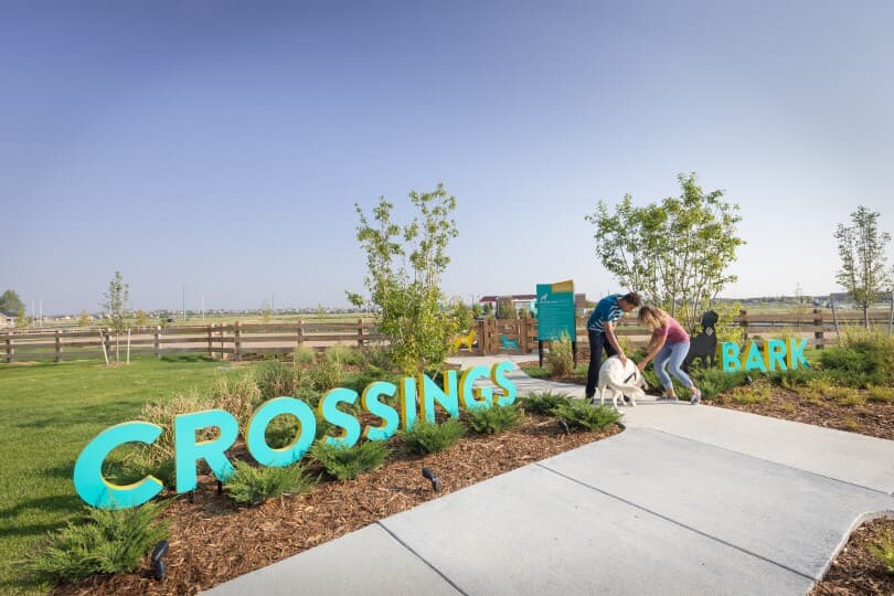 Couple with their dog at Crossings Bark at Brighton Crossings by Brookfield Residential in Denver CO