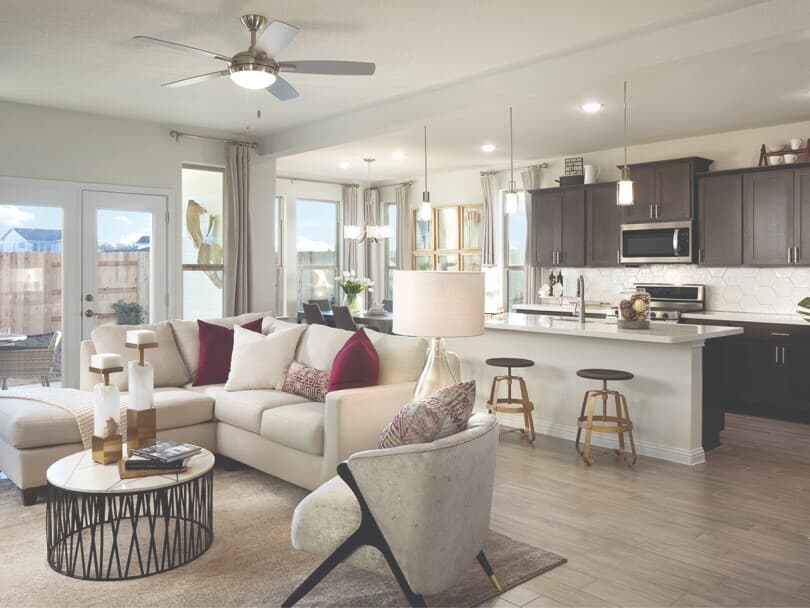 Interior view of the living room and kitchen in a Brookfield Residential home in the Austin, TX area