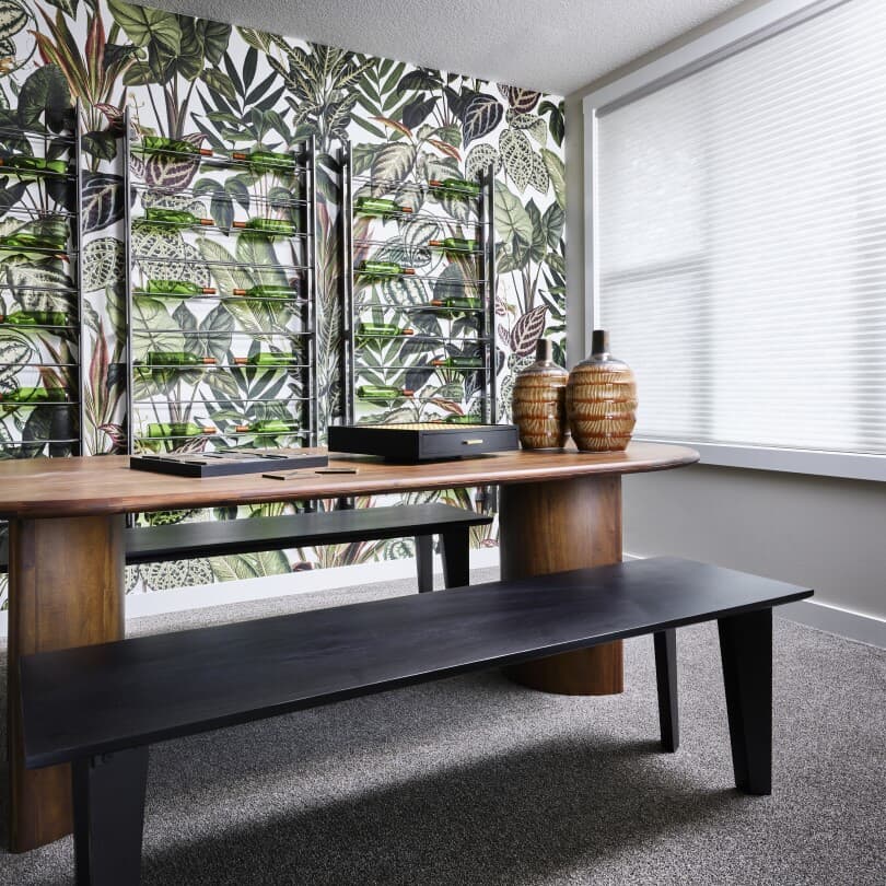 Bold wallpaper in the Robson show home by Brookfield Residential in Edmonton