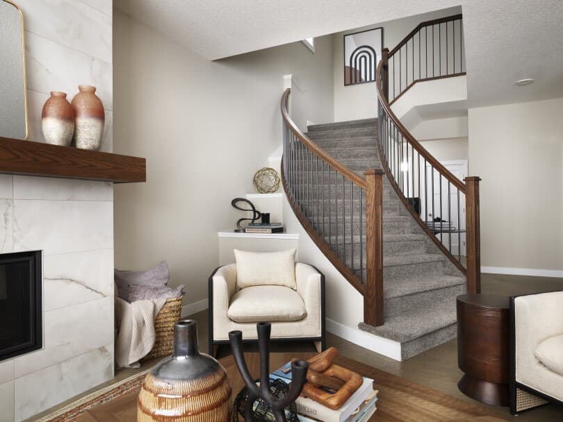 Curved staircase in the Robson show home by Brookfield Residential in Edmonton