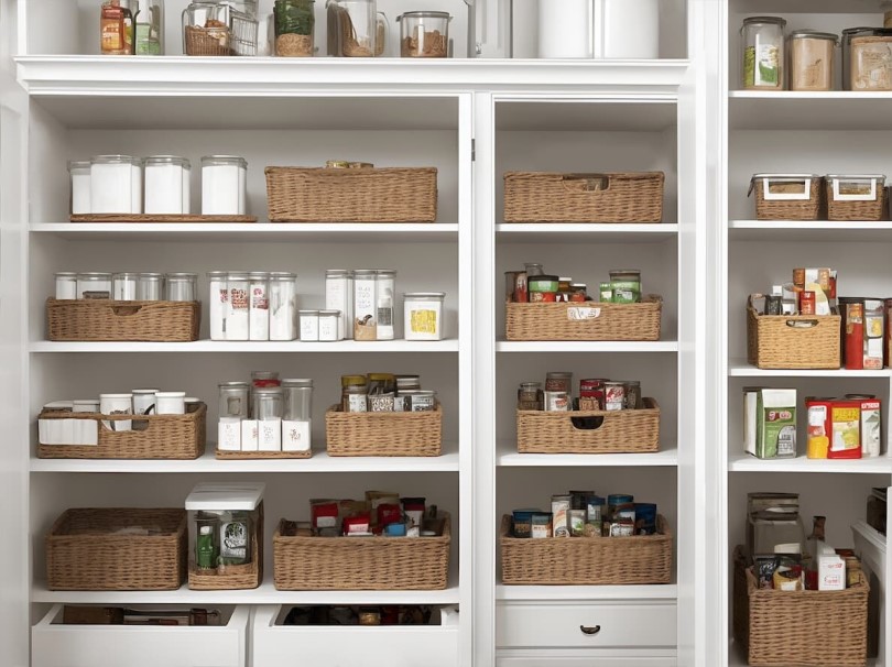 Organized pantry with baskets and glass containers