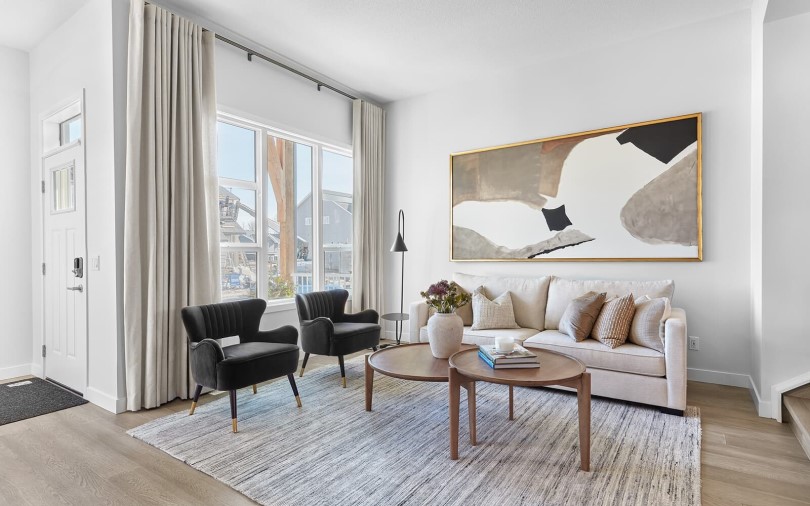Living room in the Belvedere Floor plan in the Laned Collection at Edgemont by Brookfield Residential in Edmonton AB