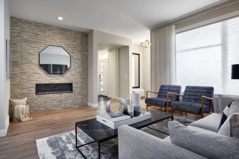 Living room in the Duplex Collection at Seton by Brookfield Residential in Calgary AB
