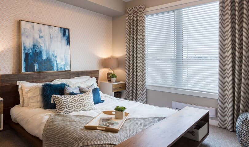 Primary bedroom window details in the Condos at Regatta in Auburn Bay in Calgary, AB