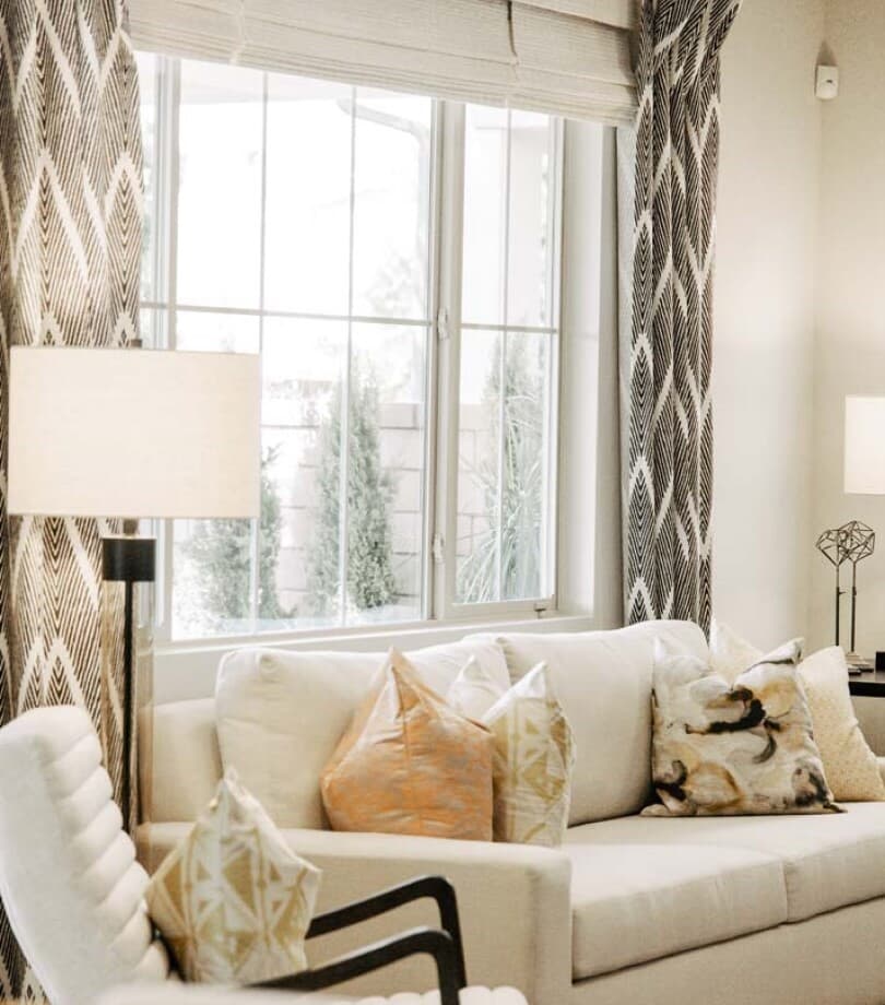 Window treatment details in the great room of Residence 1 in Marigold at New Haven in Ontario Ranch, CA
