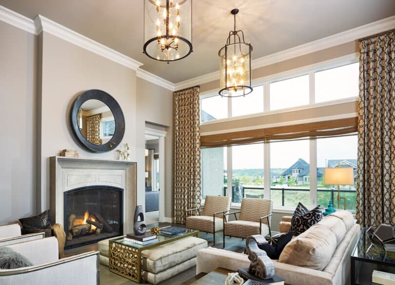 Window treatment details in the great room of Residence 2 in Carrara 2 at Cranston's Riverstone in Calgary, AB