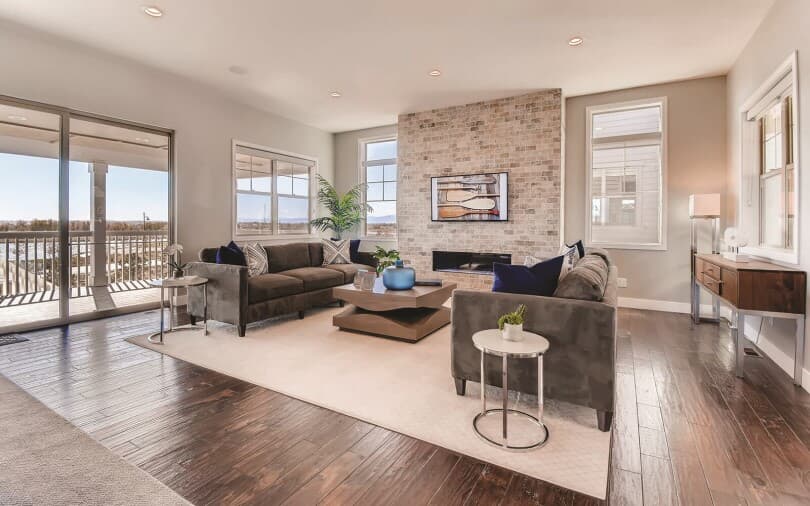 Living room in the Harvest Portfolio at Barefoot Lakes by Brookfield Residential in Firestone CO