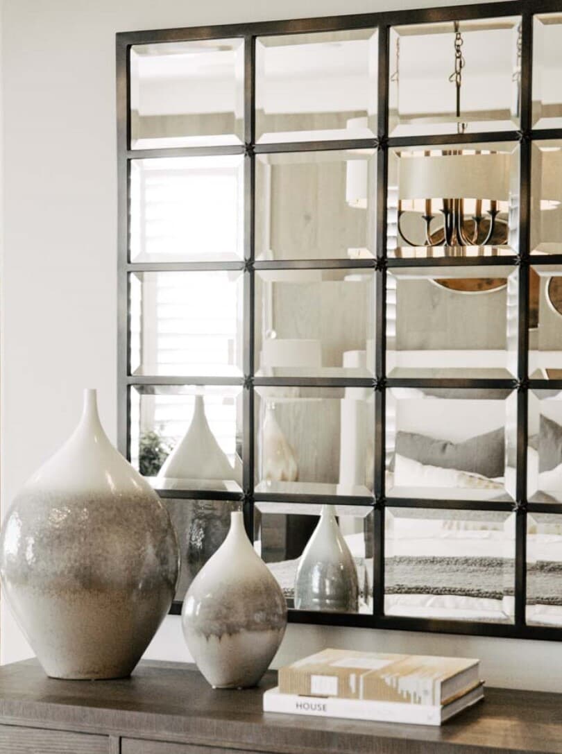 Black grid mirror detail in Residence 1 at Marigold at New Haven in Ontario Ranch, CA