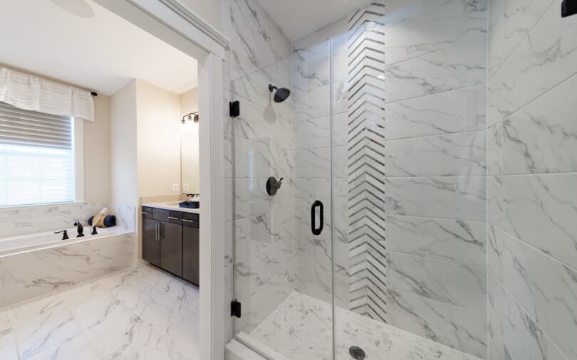 Primary bathroom with black accents in Prescott at Dowdens Station in Clarksburg, MD