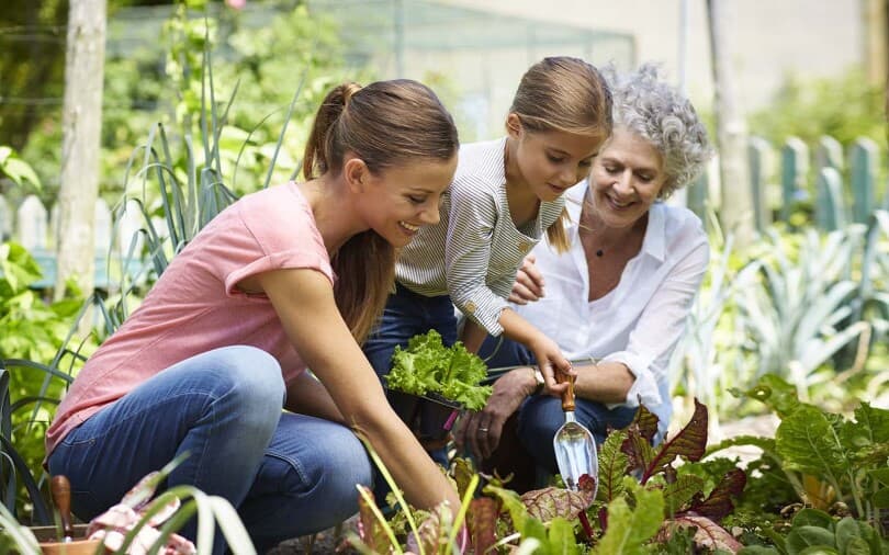 Family planting in the community garden at the Crest at Linton Hall in Bristow VA